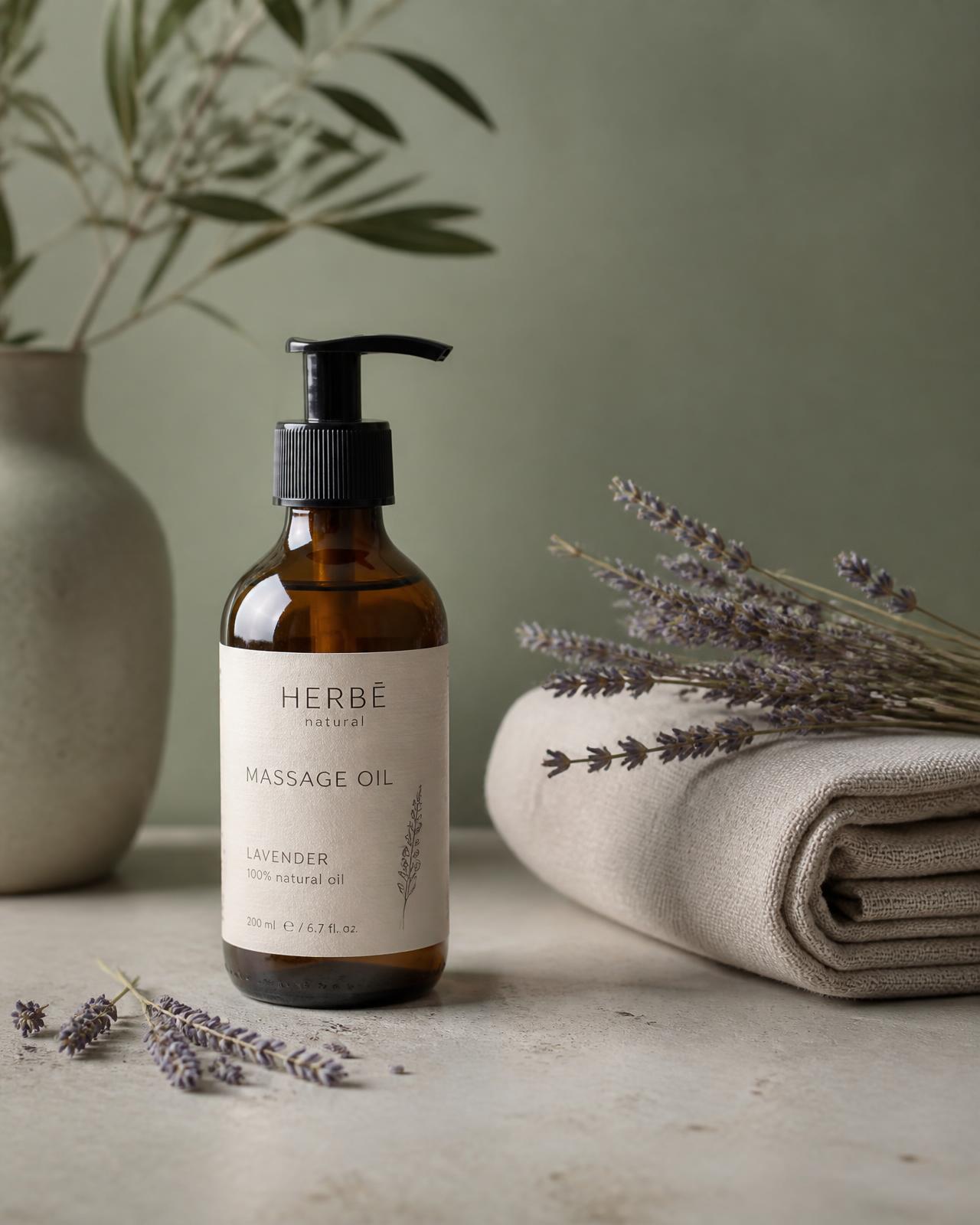 Massageolja, lavendel och hoprullad handduk